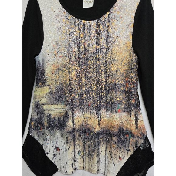 Flew De Lis Womens Large Black Knit  Forest Print Tunic Top Stretch Artsy Boho - Picture 4 of 8